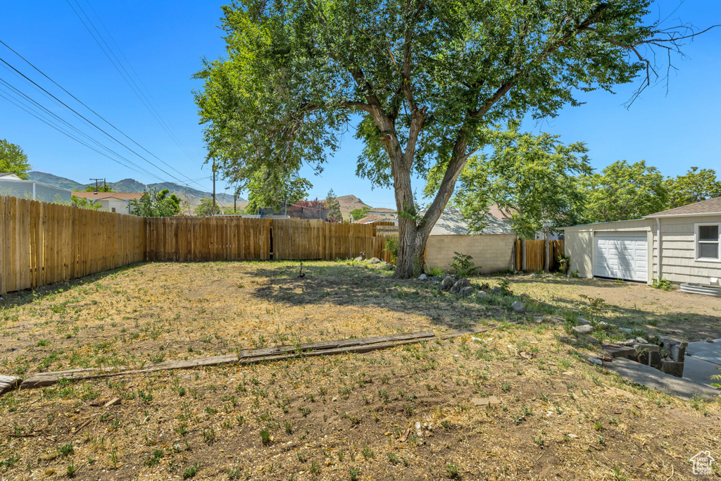 Fenced backyard with a garage