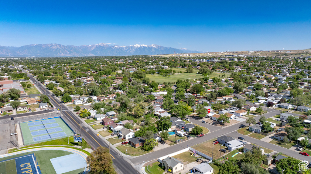 Aerial view of residential area with mountains