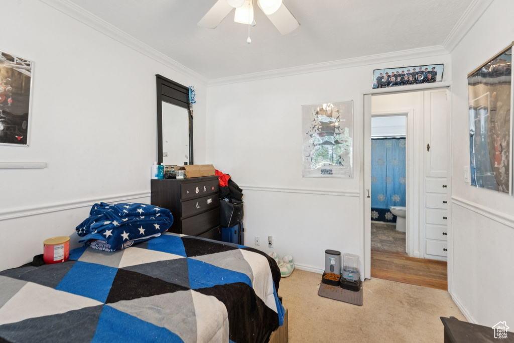 Carpeted bedroom with crown molding and a ceiling fan