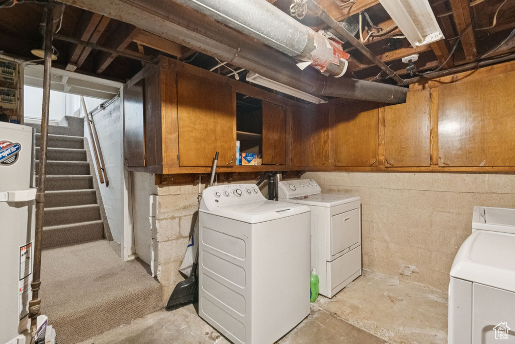 Laundry room featuring washing machine and dryer and water heater