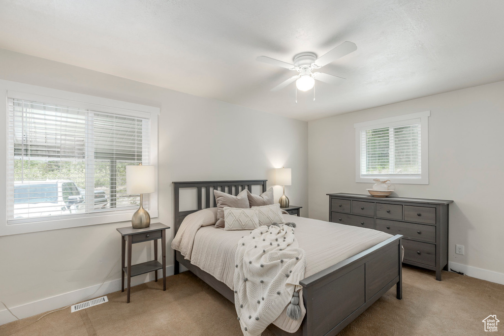 Bedroom with multiple windows, baseboards, and light carpet