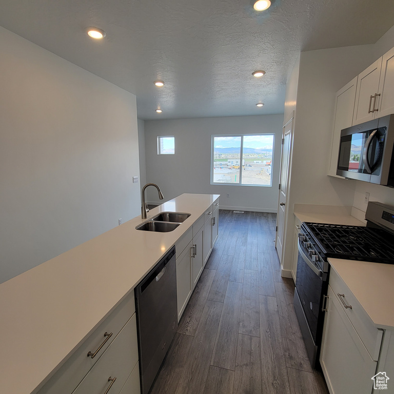 Kitchen with appliances with stainless steel finishes, a sink, light countertops, dark wood-style flooring, and white cabinets