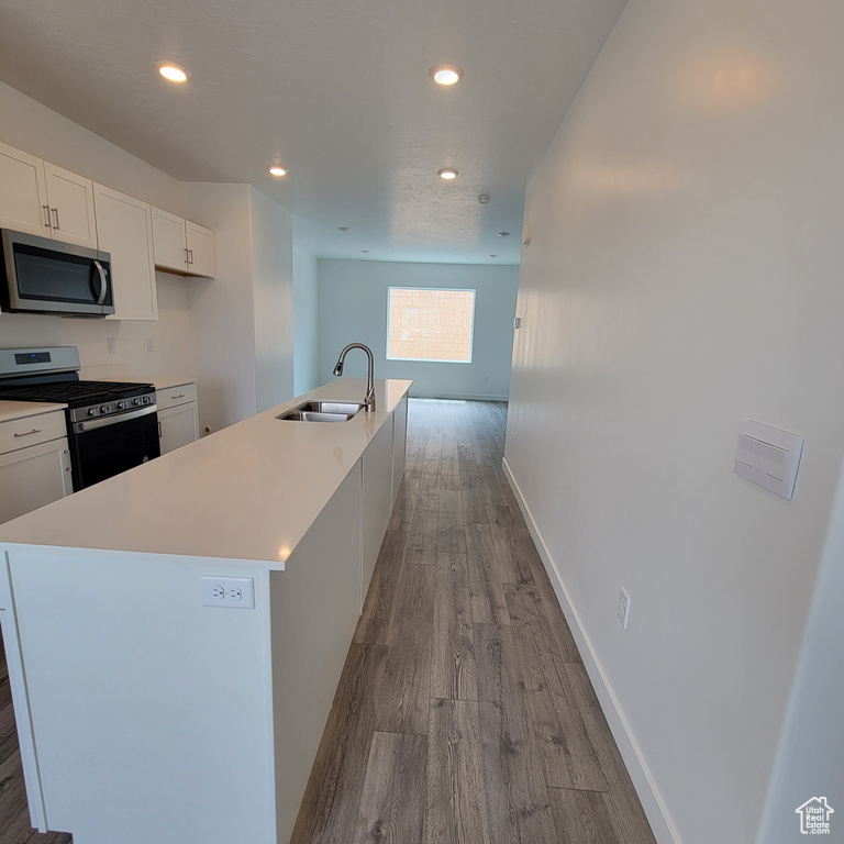 Kitchen featuring stainless steel appliances, a sink, wood finished floors, white cabinets, and recessed lighting