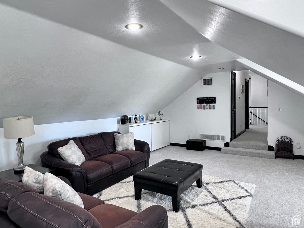 Carpeted living room featuring lofted ceiling, a textured ceiling, and baseboards