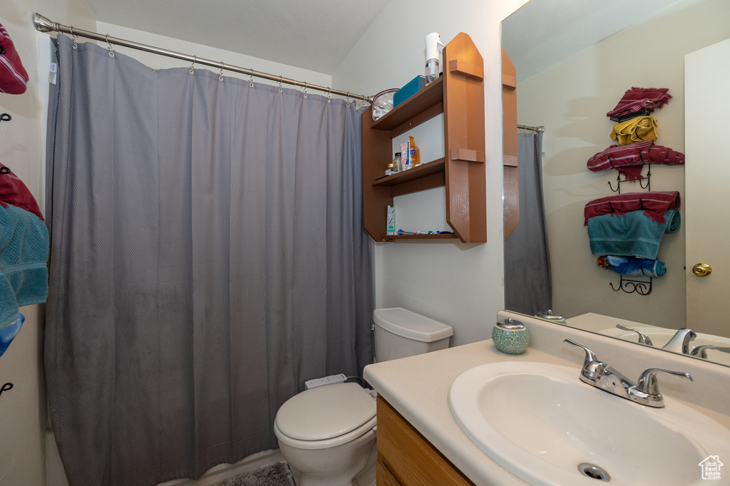 Full bathroom featuring toilet, vanity, and shower / tub combo