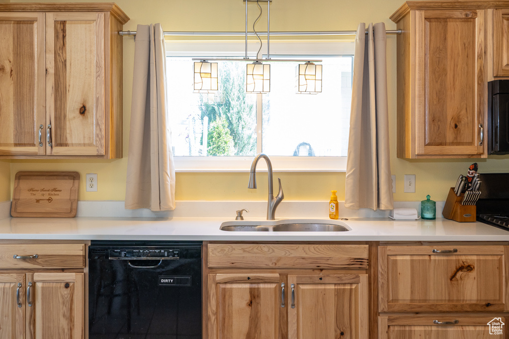 Kitchen with dishwasher, a sink, light countertops, and range