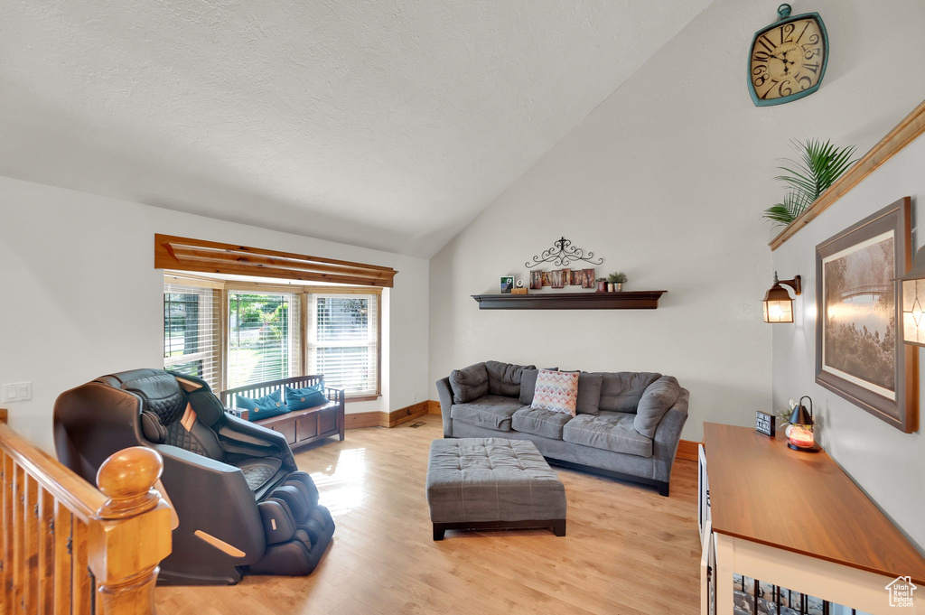 Living room featuring lofted ceiling, wood finished floors, baseboards, and a textured ceiling