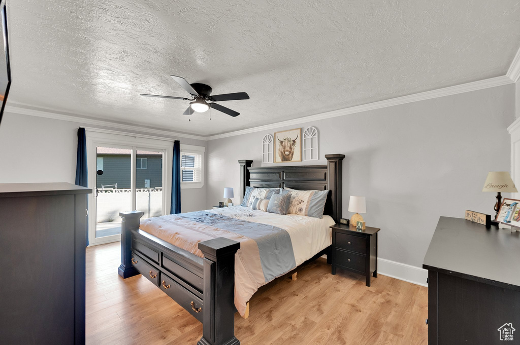Bedroom featuring access to outside, a textured ceiling, light wood-type flooring, crown molding, and ceiling fan