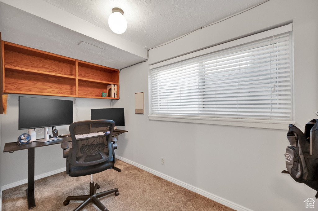 Carpeted office space with baseboards