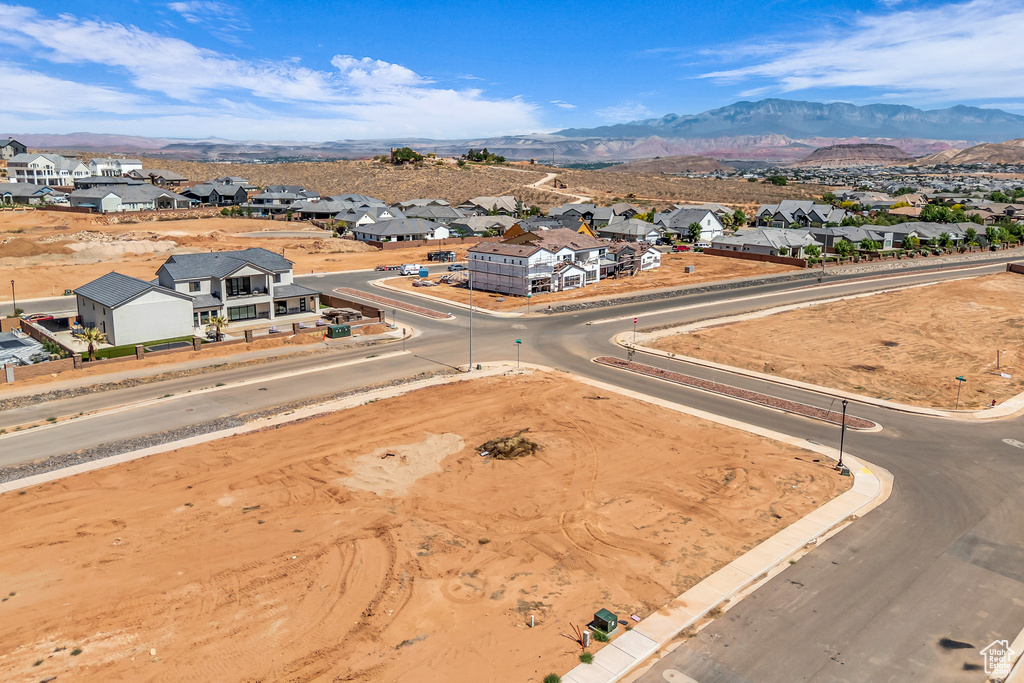 Aerial perspective of suburban area with mountains