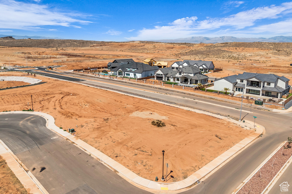Aerial perspective of suburban area with mountains