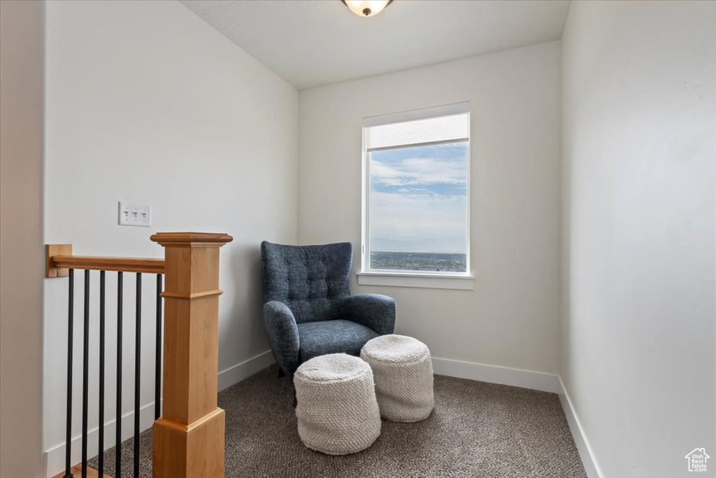 Living area featuring carpet and baseboards