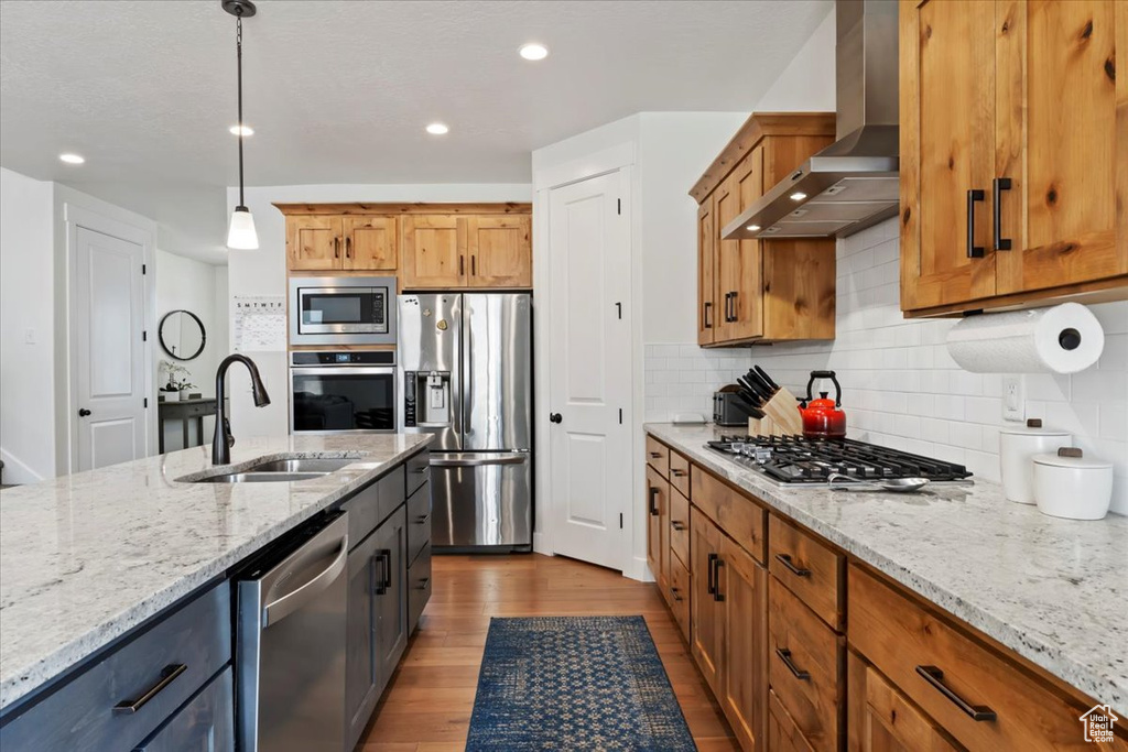 Kitchen featuring stainless steel appliances, wall chimney range hood, a sink, wood finished floors, and backsplash