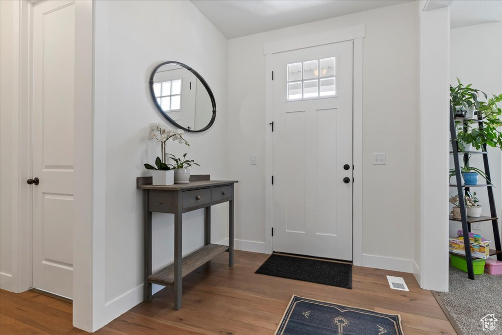 Entryway with wood finished floors, plenty of natural light, and baseboards