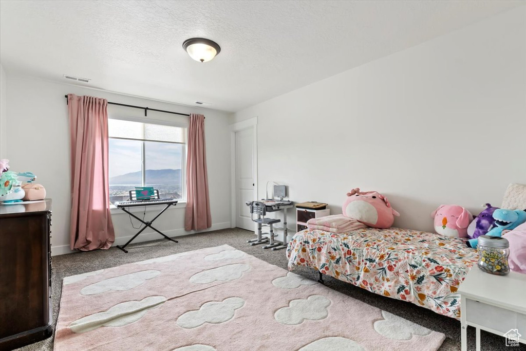 Bedroom featuring carpet flooring, baseboards, and a textured ceiling