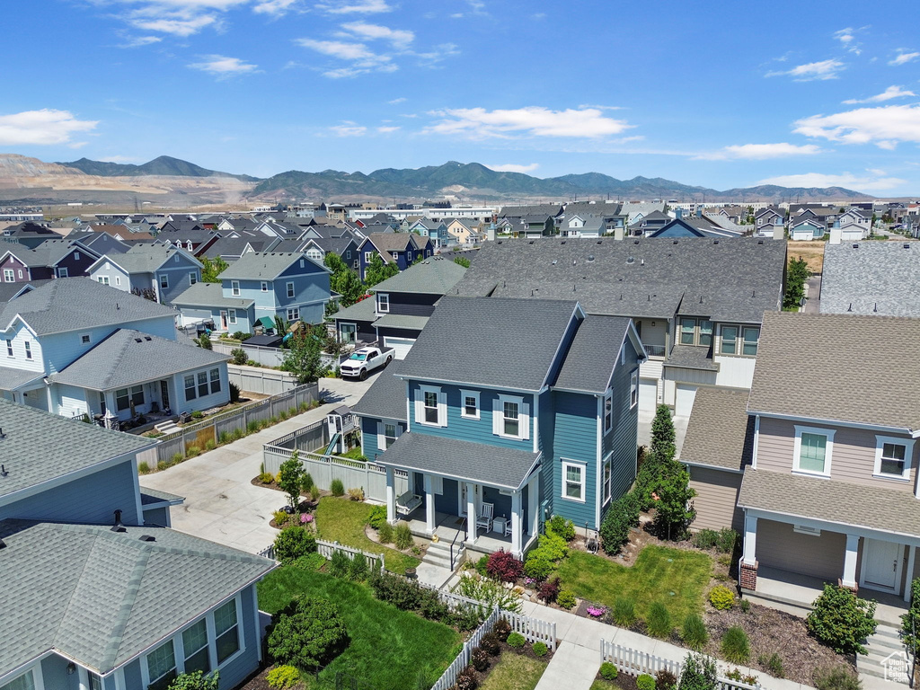 Aerial view of residential area with mountains