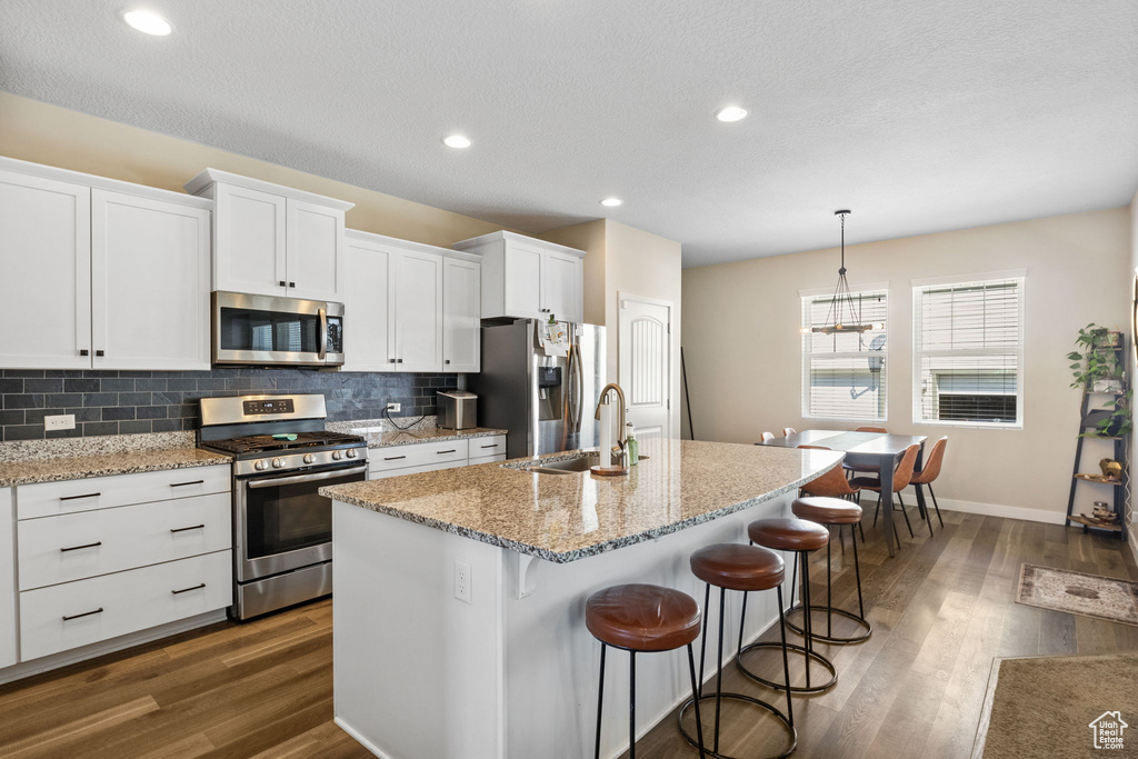 Kitchen with appliances with stainless steel finishes, a sink, a kitchen island with sink, dark wood finished floors, and decorative backsplash
