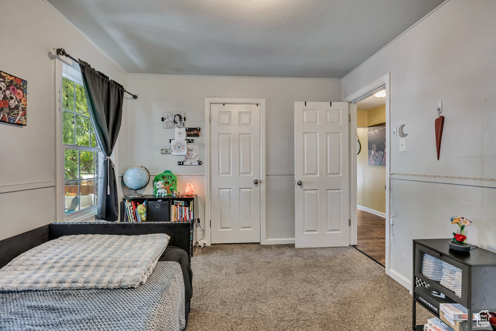 Bedroom featuring carpet floors and baseboards