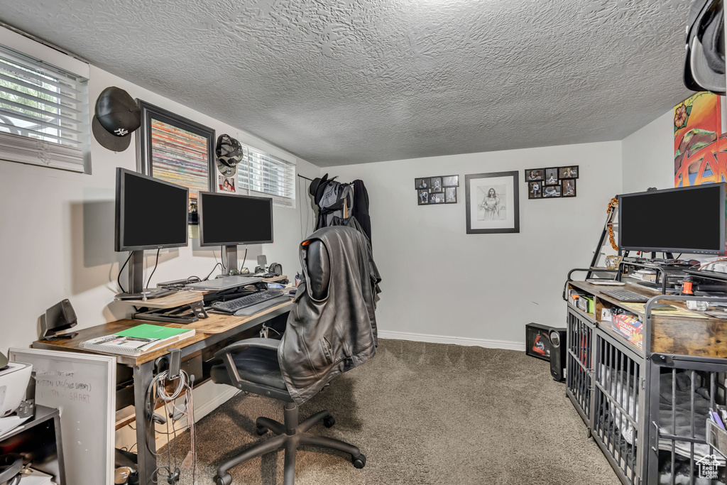 Carpeted office space with baseboards and a textured ceiling