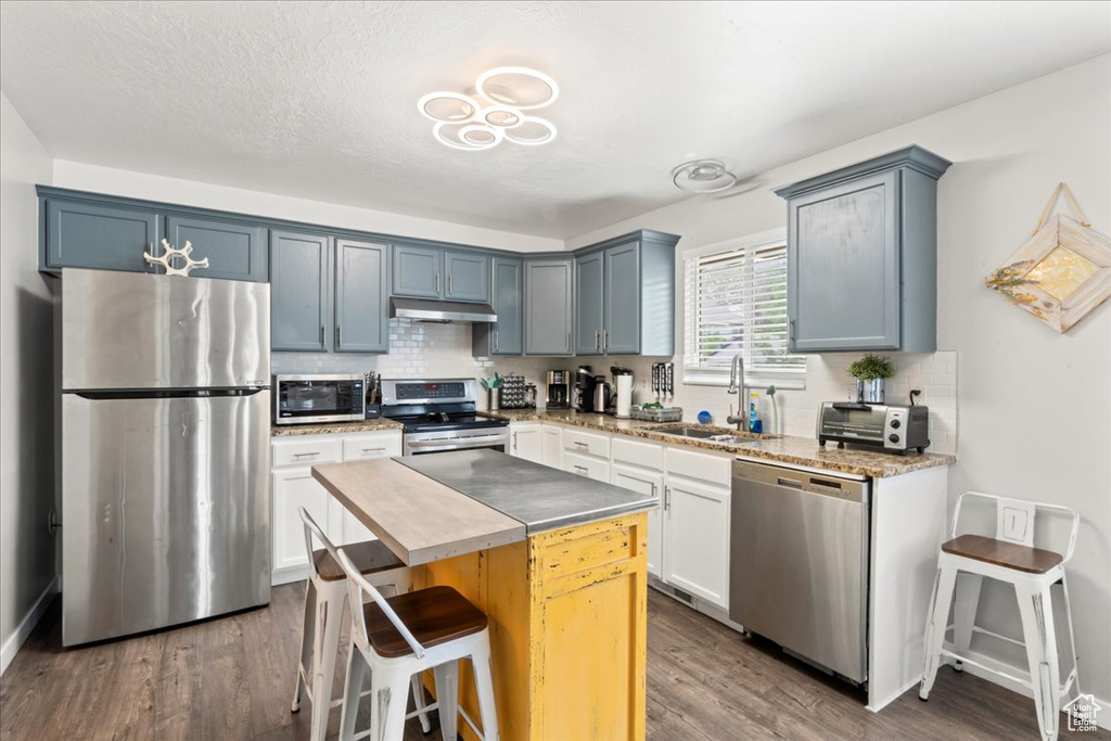 Kitchen with appliances with stainless steel finishes, a sink, under cabinet range hood, and backsplash