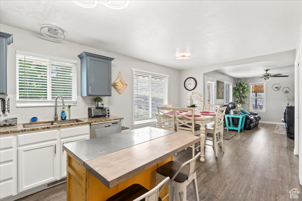 Kitchen featuring a sink, stainless steel dishwasher, plenty of natural light, and wood finished floors