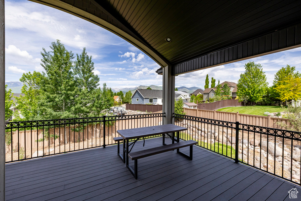 Wooden terrace featuring a residential view and a fenced backyard