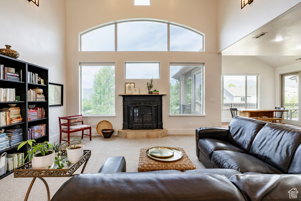 Living area with carpet floors, baseboards, a glass covered fireplace, and a high ceiling