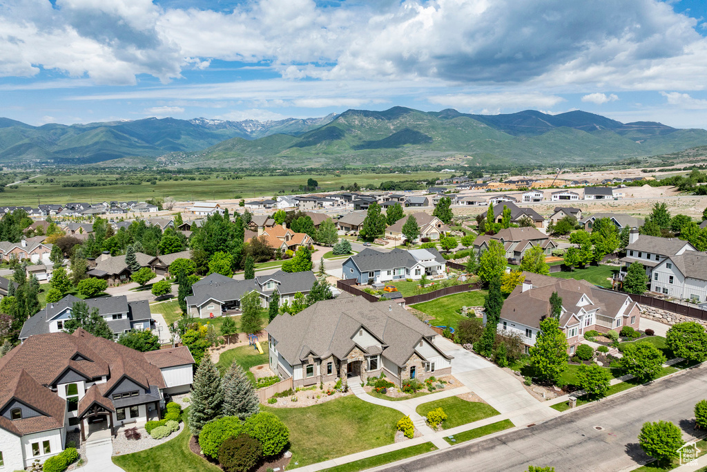 Aerial perspective of suburban area with mountains