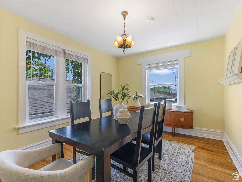 Dining room featuring a chandelier, healthy amount of natural light, light wood-style floors, and baseboards