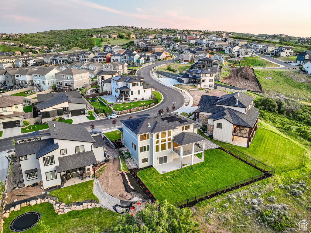 Aerial view at dusk of a residential view
