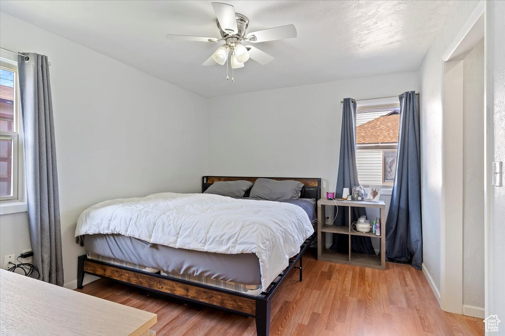 Bedroom featuring multiple windows, light wood-type flooring, and baseboards