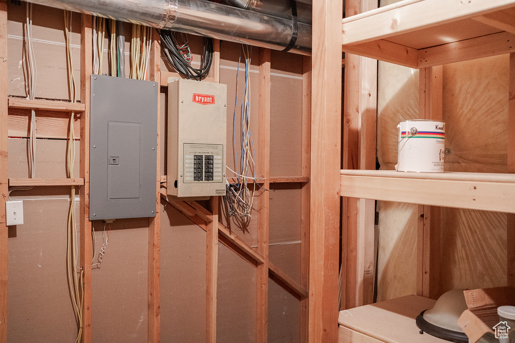 Unfinished basement featuring electric panel