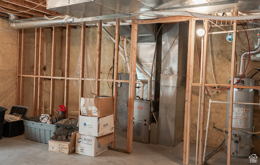Unfinished basement featuring secured water heater