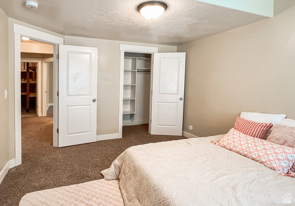 Bedroom featuring carpet, baseboards, and a closet