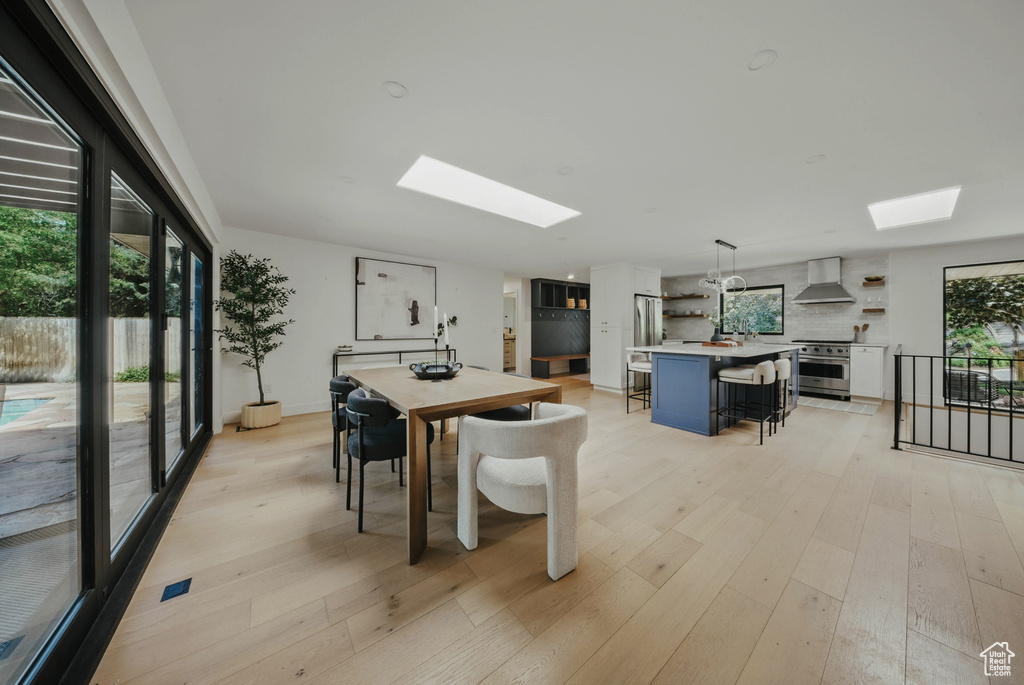 Dining space featuring a skylight and light wood finished floors