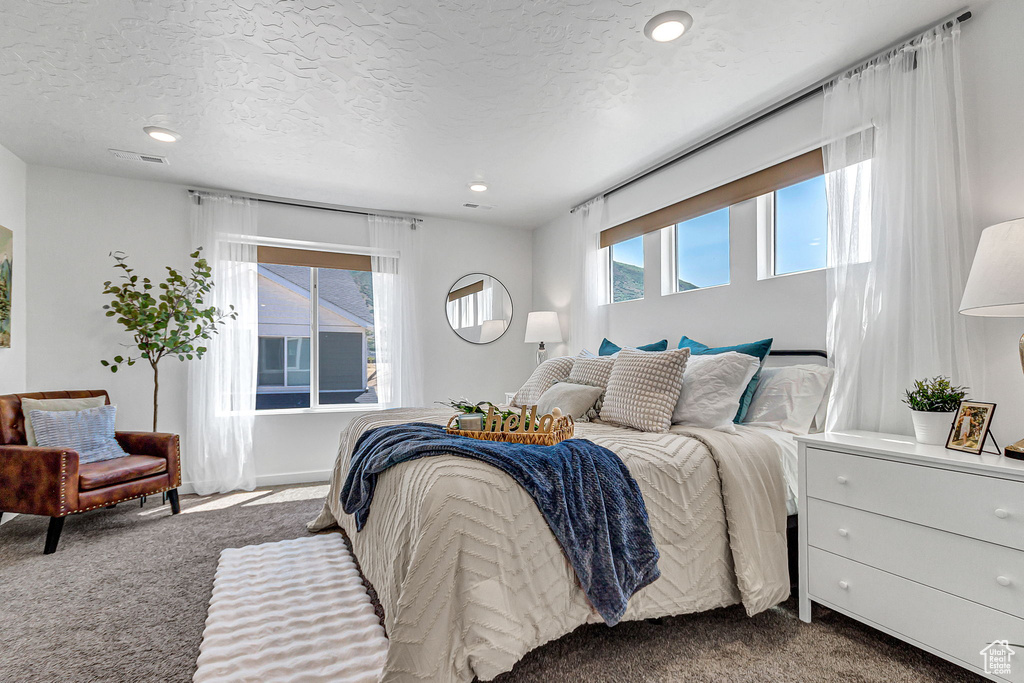 Bedroom with dark colored carpet, recessed lighting, and a textured ceiling