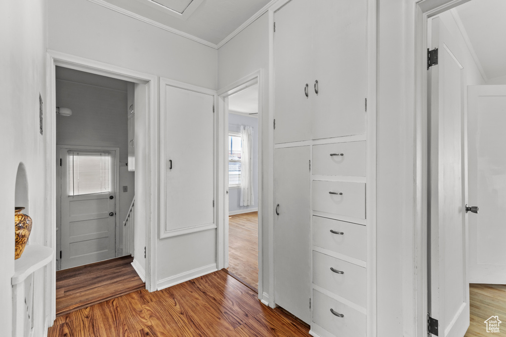 Hallway featuring wood finished floors and crown molding