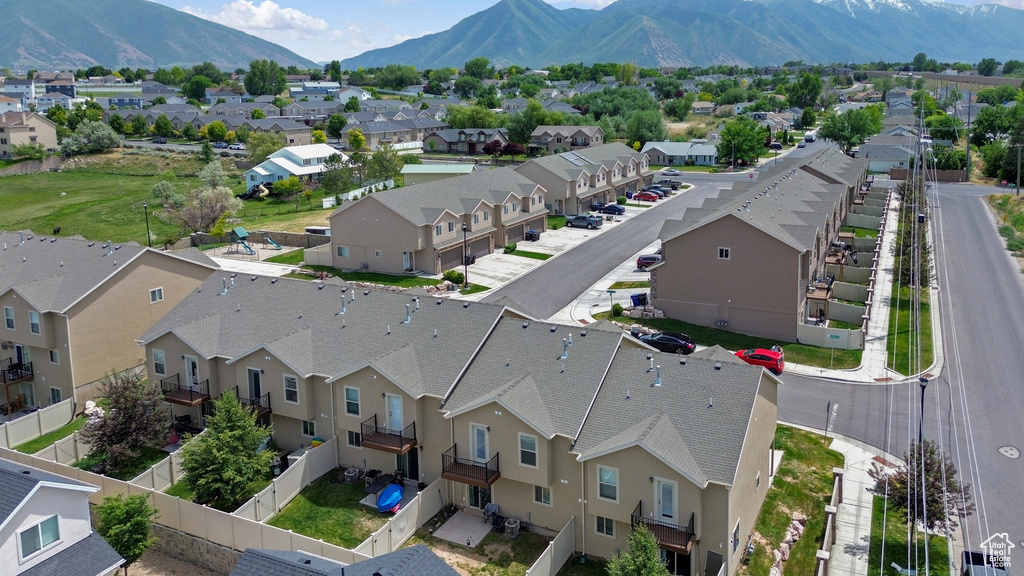 Aerial view of residential area with mountains