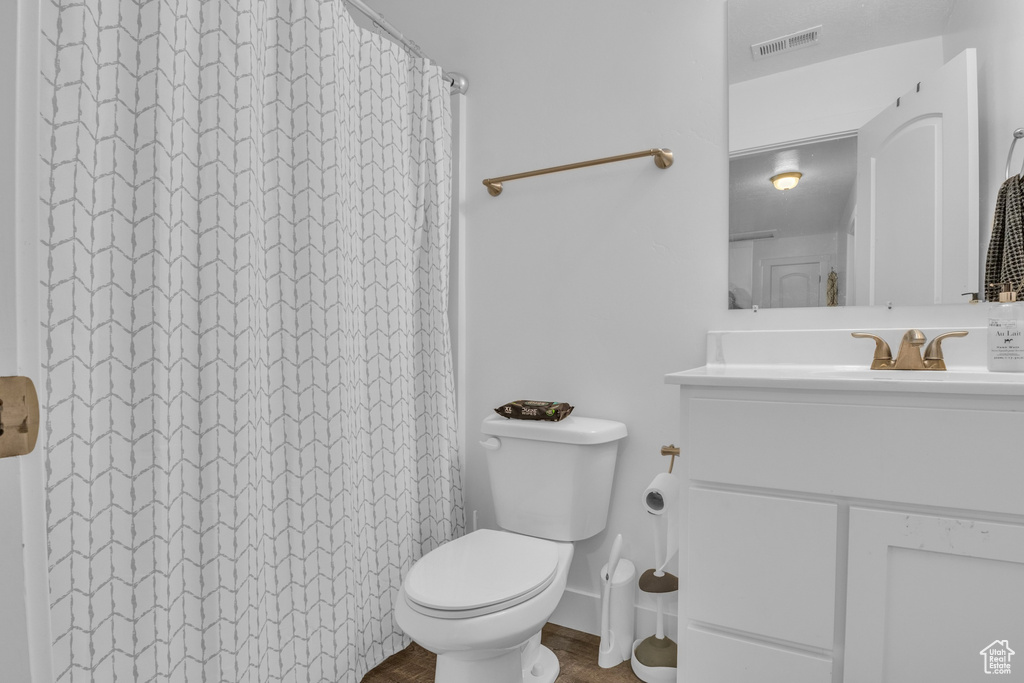 Full bathroom with vanity, toilet, and curtained shower