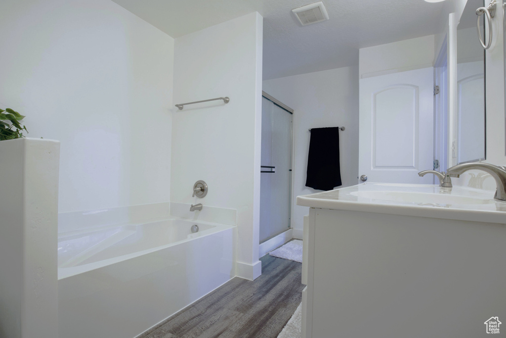 Bathroom with wood finished floors, a garden tub, vanity, and a shower stall