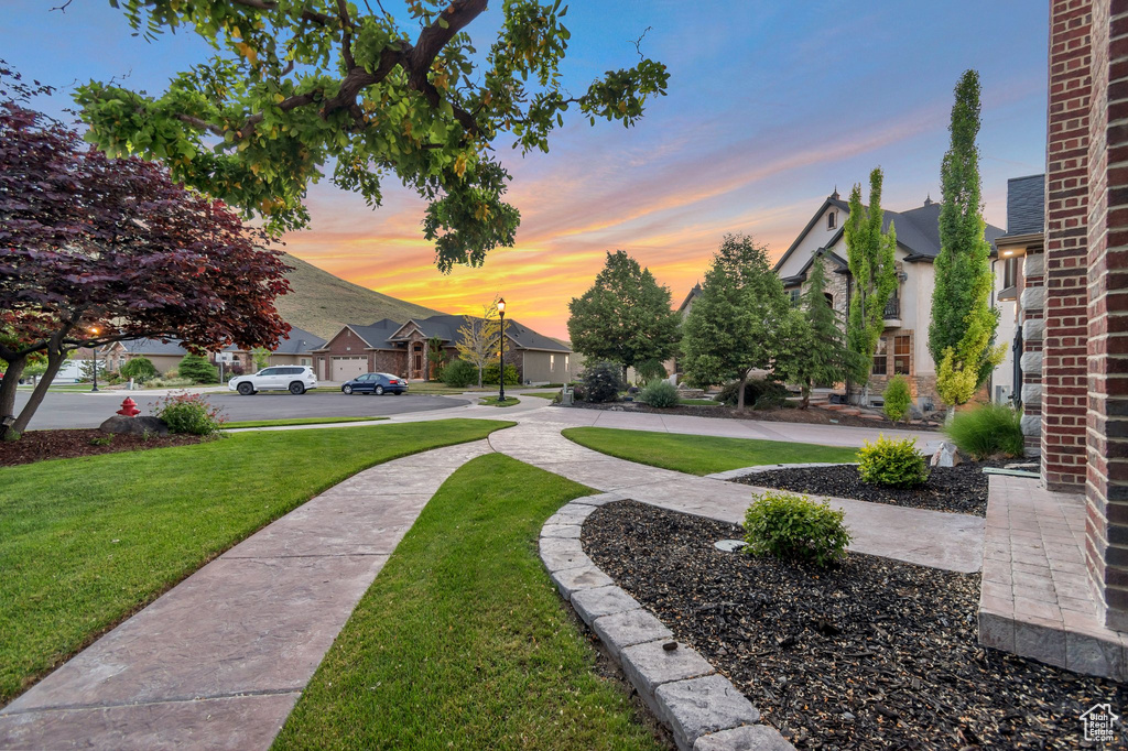 View of green lawn featuring a residential view