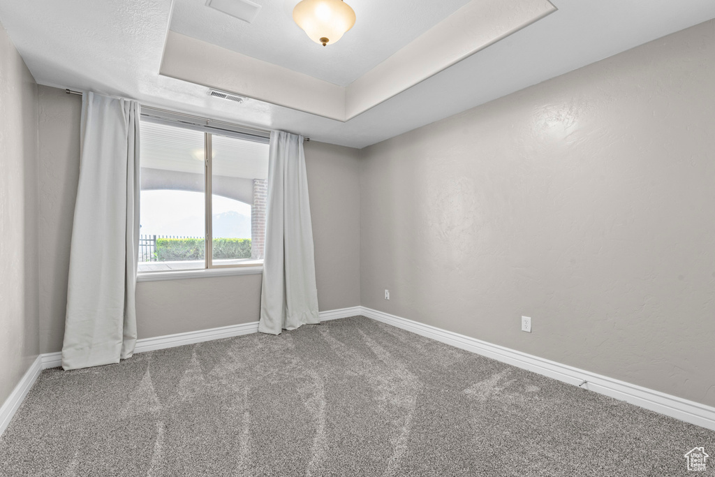 Carpeted spare room with baseboards and a raised ceiling