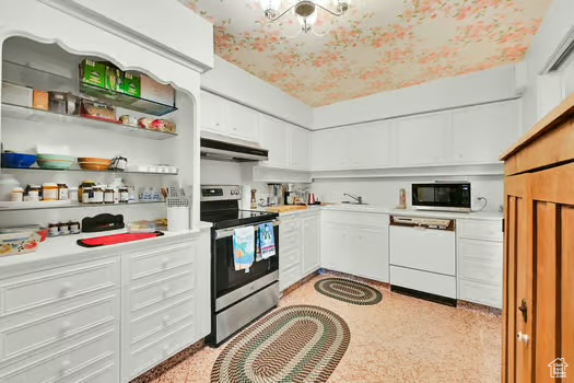 Kitchen with stainless steel range with electric stovetop, under cabinet range hood, dishwasher, black microwave, and light countertops