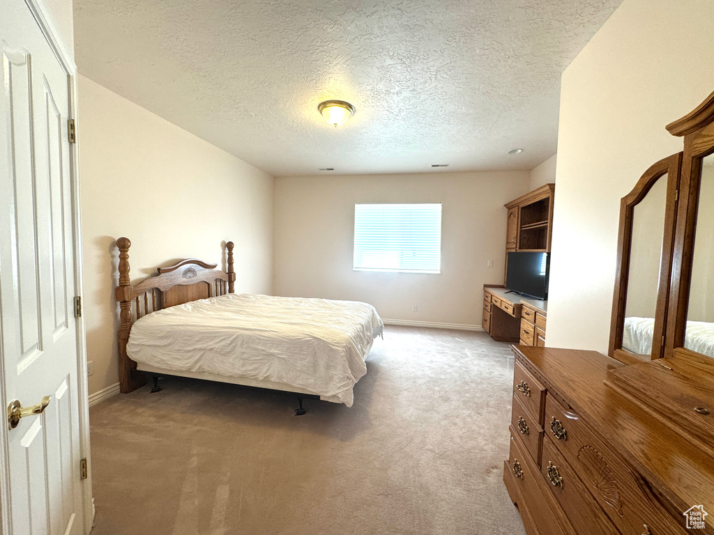 Bedroom featuring light colored carpet, a textured ceiling, and baseboards
