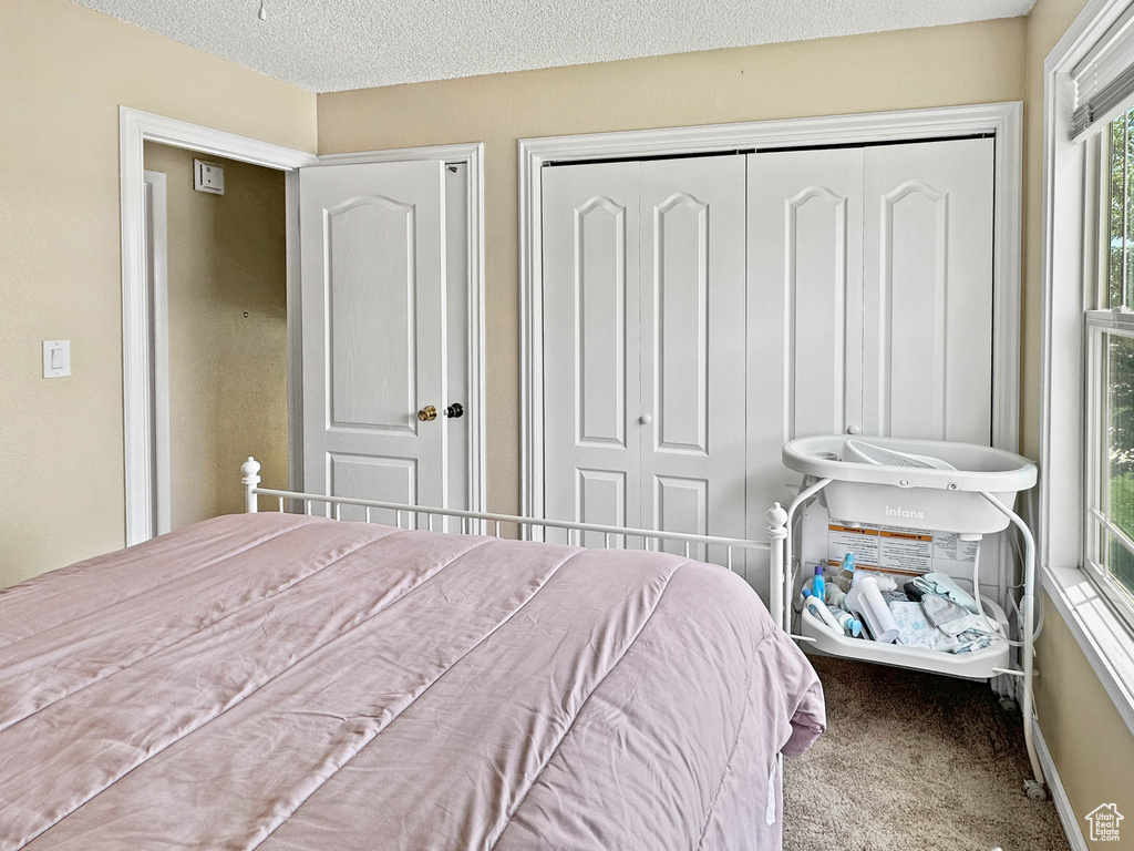 Carpeted bedroom featuring a textured ceiling