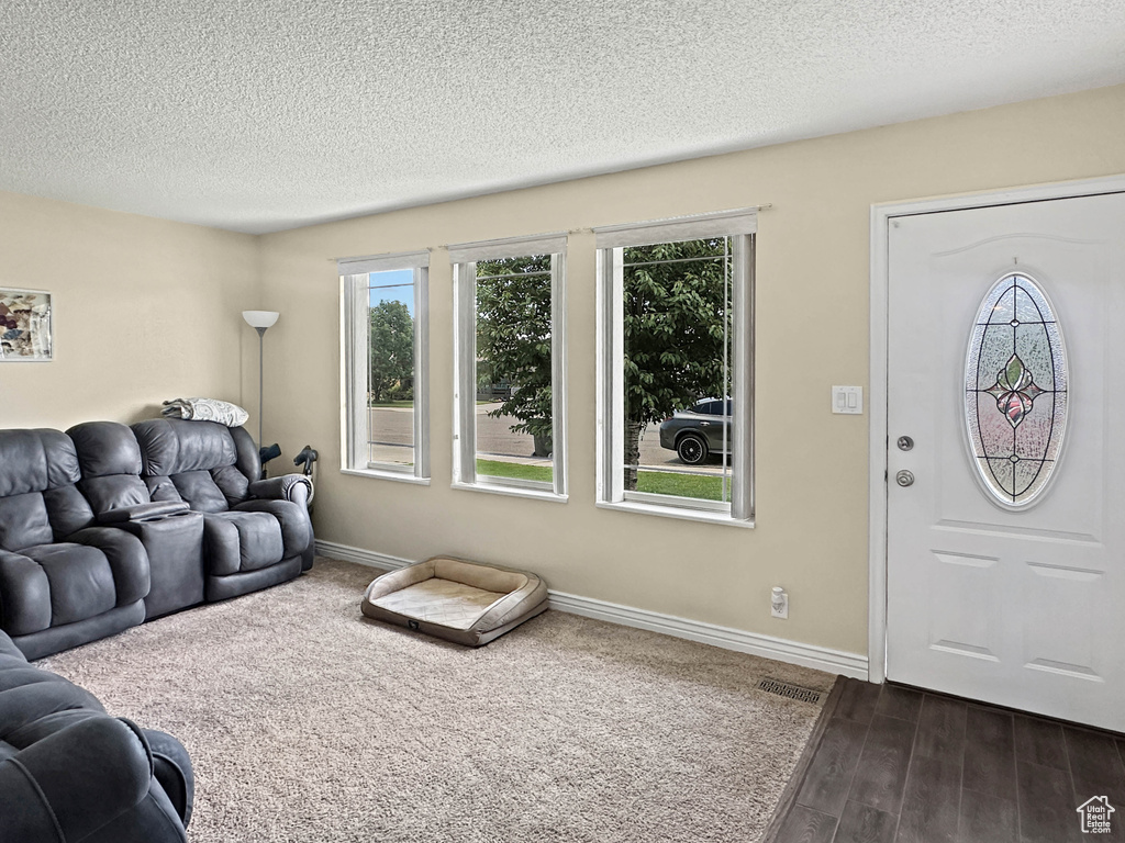 Living room with dark wood-style floors, a textured ceiling, and baseboards