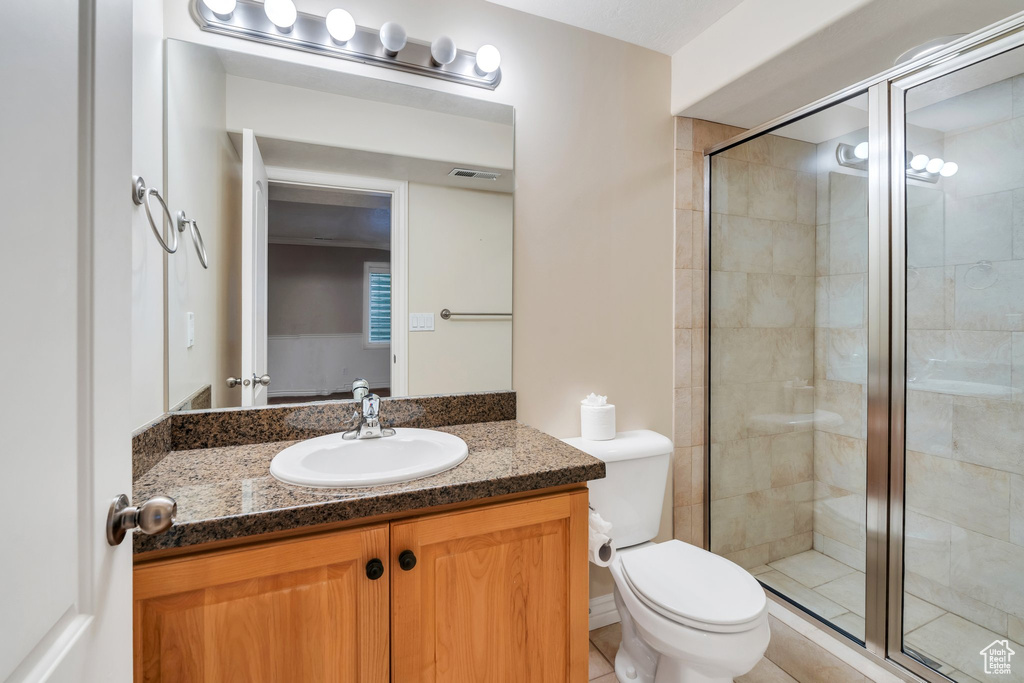 Full bath with vanity, a stall shower, and toilet