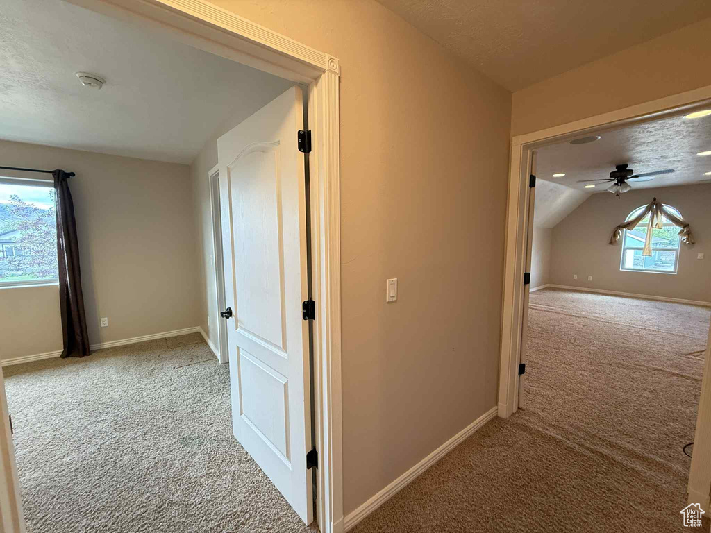 Hall featuring carpet floors, baseboards, and lofted ceiling