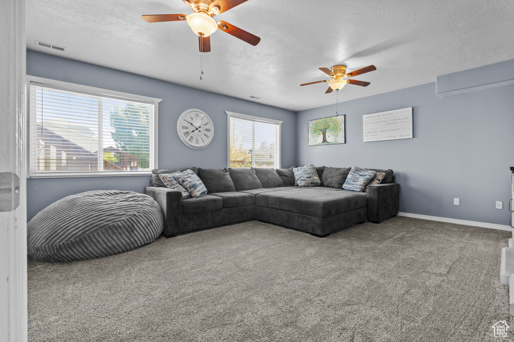 Living area featuring a ceiling fan, carpet, a textured ceiling, and baseboards