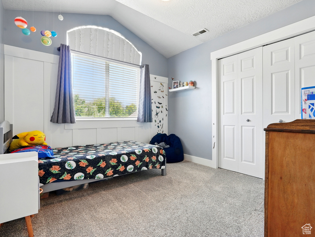 Bedroom featuring vaulted ceiling, carpet, and a closet
